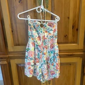 Floral Halter Romper  - White with Pink & Green